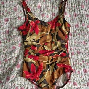 Vintage Floral One Piece Bikini with Red and Green Pattern